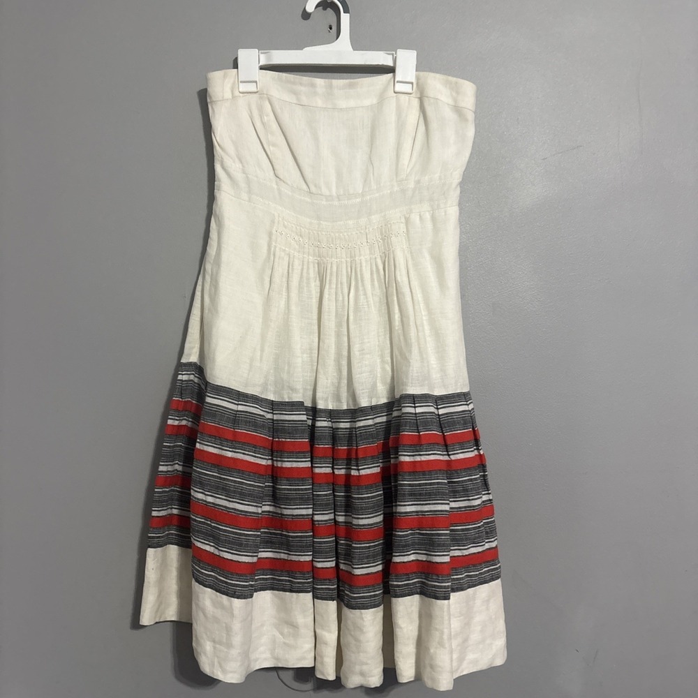 Anthropologie Floreat Strapless Linen Dress w/Petticoat Sz 6 Cream w/ Red/Blk
